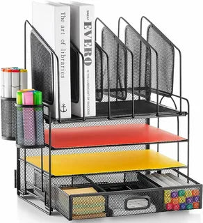 RELOIVE 5 Tier Desk Organizer with File Holder,Complimentary box of Paper Clips and Binder Clips,Desktop File Organization,Paper Letter Tray Organizer with Drawer 2 Pen Holders for Office Supplies